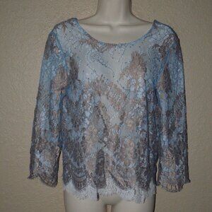 Sz 0 Loyd/Ford Light Blue Tan Nylon Lace Short Sleeve Blouse Top